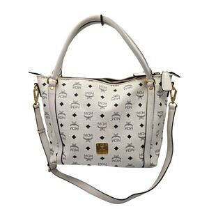 MCM White Coated Canvas Leather Satchel Shoulder Bag Handbag Purse